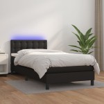 vidaXL Pat cu arcuri, saltea și LED, negru, 90x190 cm, piele ecologică vidaXL Pat cu arcuri, saltea și LED, negru, 90x190 cm, piele ecologică