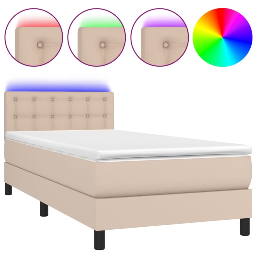 vidaXL Pat cu arcuri, cu saltea și LED cappuccino 90x190 cm, piele eco