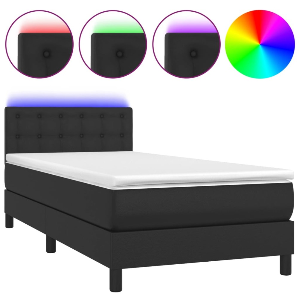 vidaXL Pat cu arcuri, saltea și LED, negru, 90x200 cm, piele ecologică