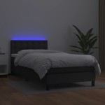 vidaXL Pat cu arcuri, saltea și LED, negru, 90x200 cm, piele ecologică