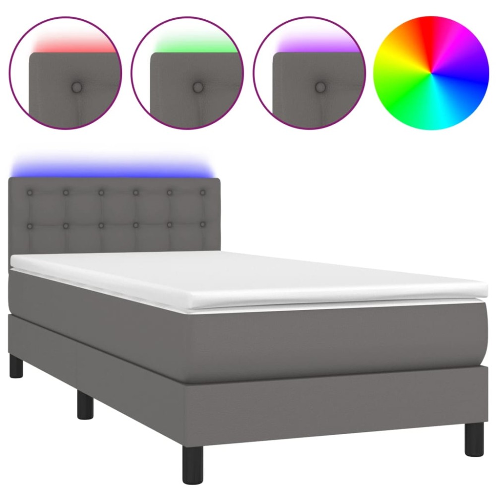 vidaXL Pat cu arcuri, saltea și LED, gri, 90x200 cm, piele ecologică