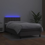 vidaXL Pat cu arcuri, saltea și LED, gri, 90x200 cm, piele ecologică