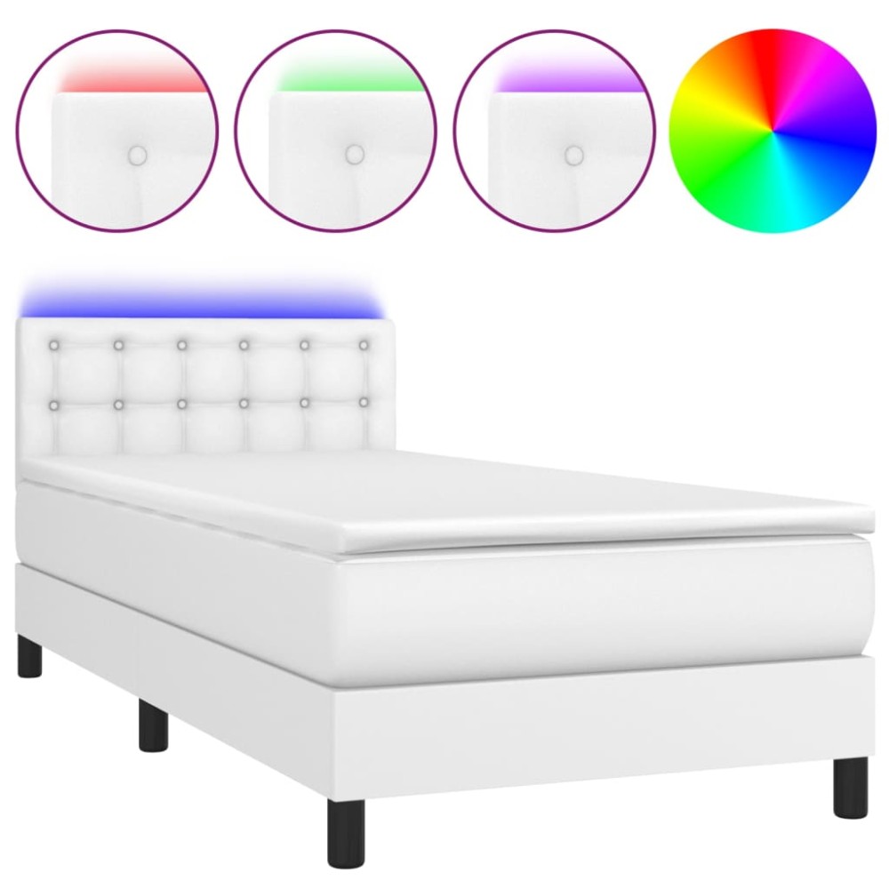 vidaXL Pat cu arcuri, saltea și LED, alb, 100x200 cm, piele ecologică
