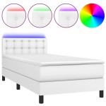 vidaXL Pat cu arcuri, saltea și LED, alb, 100x200 cm, piele ecologică