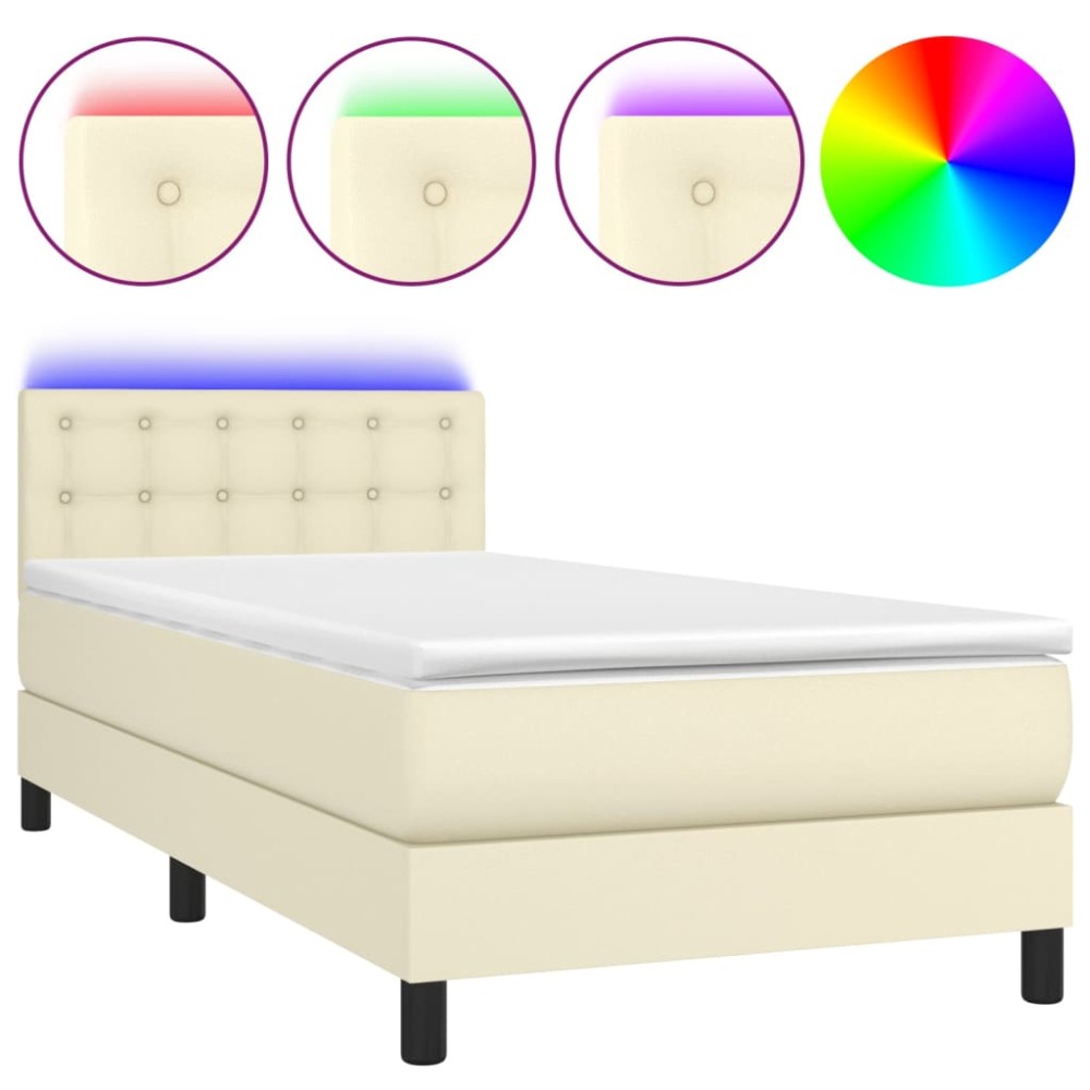 vidaXL Pat cu arcuri, saltea și LED, crem, 100x200 cm, piele ecologică