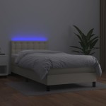 vidaXL Pat cu arcuri, saltea și LED, crem, 100x200 cm, piele ecologică