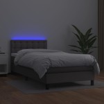 vidaXL Pat cu arcuri, saltea și LED, gri, 100x200 cm, piele ecologică