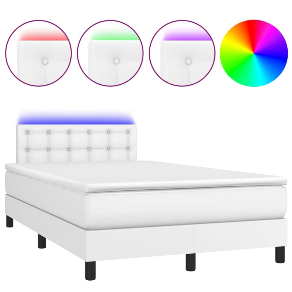 vidaXL Pat cu arcuri, saltea și LED, alb, 120x200 cm, piele ecologică