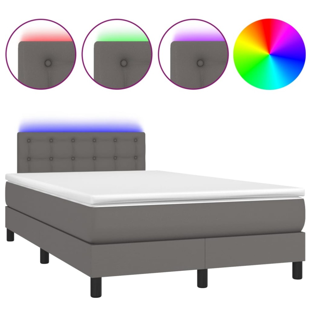 vidaXL Pat cu arcuri, saltea și LED, gri, 120x200 cm, piele ecologică
