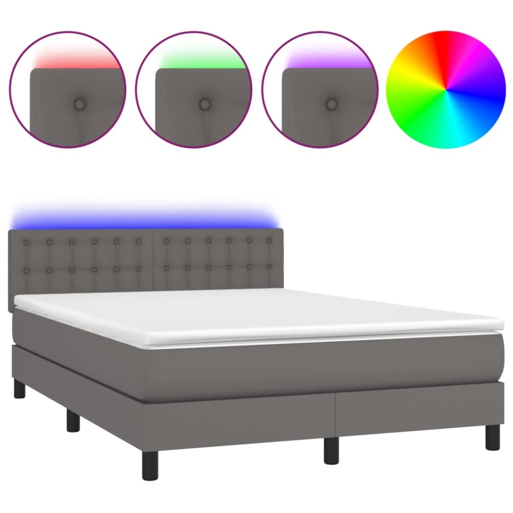 vidaXL Pat cu arcuri, cu saltea & LED, gri, 140x190 cm, piele eco