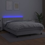 vidaXL Pat cu arcuri, saltea și LED, alb, 140x200 cm, piele eco