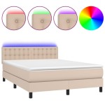 vidaXL Pat cu arcuri, saltea și LED, cappuccino, 140x200cm, piele eco