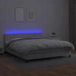 vidaXL Pat cu arcuri, saltea și LED, alb, 160x200 cm, piele ecologică