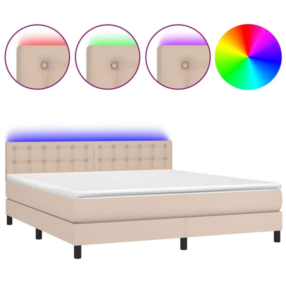 vidaXL Pat cu arcuri, cu saltea și LED, cappuccino 160x200cm piele eco