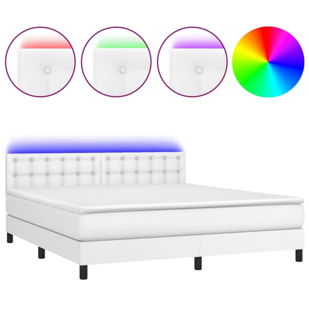 vidaXL Pat cu arcuri, saltea și LED, alb, 180x200 cm, piele ecologică