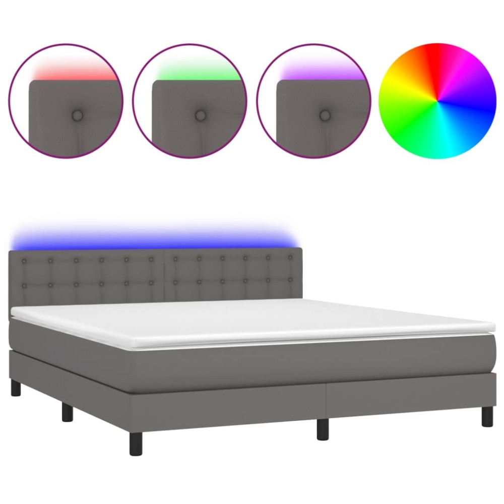 vidaXL Pat cu arcuri, saltea și LED, gri, 180x200 cm, piele ecologică