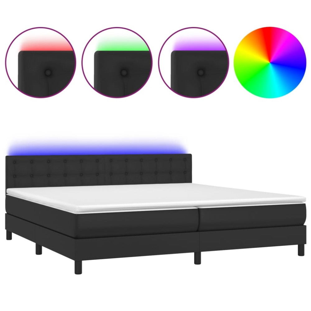 vidaXL Pat cu arcuri, saltea și LED, negru, 200x200cm, piele ecologică