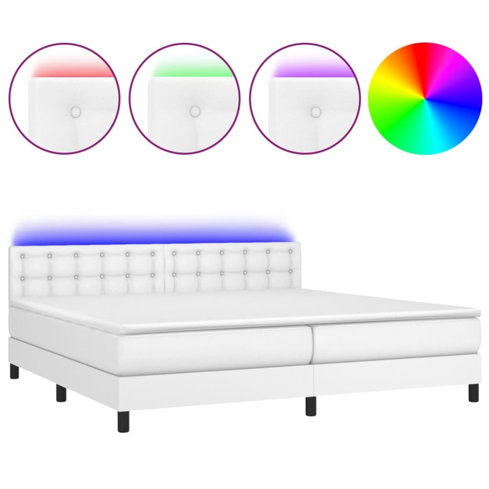 vidaXL Pat cu arcuri, saltea și LED, alb, 200x200 cm, piele ecologică