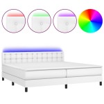 vidaXL Pat cu arcuri, saltea și LED, alb, 200x200 cm, piele ecologică