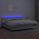 vidaXL Pat cu arcuri, saltea și LED, alb, 200x200 cm, piele ecologică