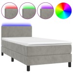 vidaXL Pat cu arcuri, saltea și LED, gri deschis, 90x190 cm, catifea vidaXL Pat cu arcuri, saltea și LED, gri deschis, 90x190 cm, catifea