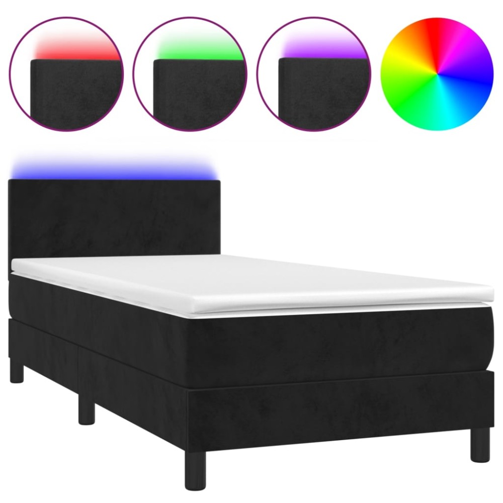 vidaXL Pat cu arcuri, saltea și LED, negru, 90x190 cm, catifea