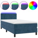 vidaXL Pat cu arcuri, saltea și LED, bleumarin, 90x190 cm, catifea