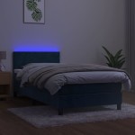 vidaXL Pat cu arcuri, saltea și LED, bleumarin, 90x190 cm, catifea