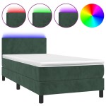 vidaXL Pat cu arcuri, saltea și LED, verde închis, 100x200 cm, catifea