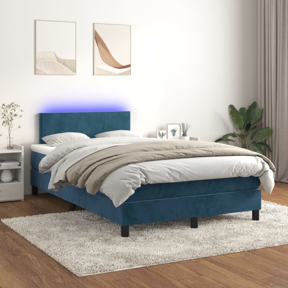 vidaXL Pat cu arcuri, saltea și LED, albastru, 120x200 cm, catifea