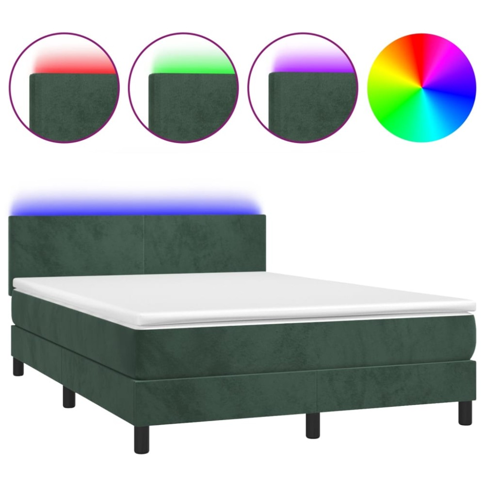 vidaXL Pat cu arcuri, saltea și LED, verde închis, 140x190 cm, catifea
