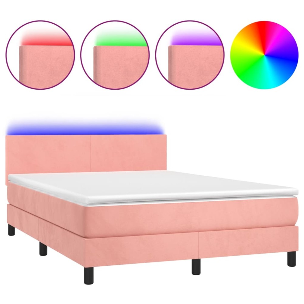 vidaXL Pat cu arcuri, cu saltea și LED, roz, 140x190 cm catifea