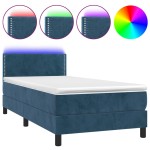 vidaXL Pat cu arcuri, saltea și LED, bleumarin, 90x190 cm, catifea