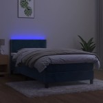 vidaXL Pat cu arcuri, saltea și LED, bleumarin, 90x200 cm, catifea