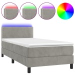 vidaXL Pat cu arcuri, saltea și LED, gri deschis, 100x200 cm, catifea vidaXL Pat cu arcuri, saltea și LED, gri deschis, 100x200 cm, catifea