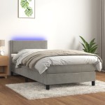 vidaXL Pat cu arcuri, saltea și LED, gri deschis, 100x200 cm, catifea vidaXL Pat cu arcuri, saltea și LED, gri deschis, 100x200 cm, catifea