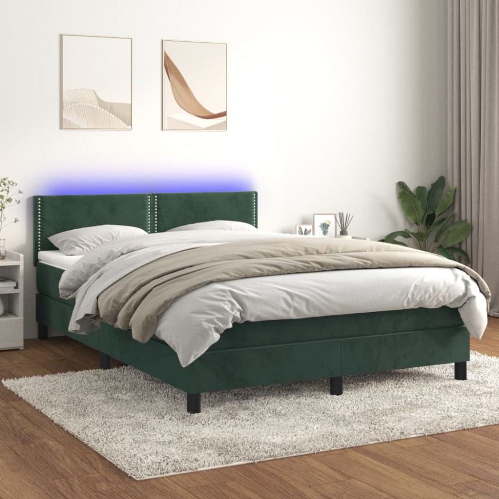 vidaXL Pat cu arcuri, saltea și LED, verde închis, 140x190 cm, catifea