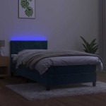 vidaXL Pat cu arcuri, saltea și LED, bleumarin, 90x190 cm, catifea