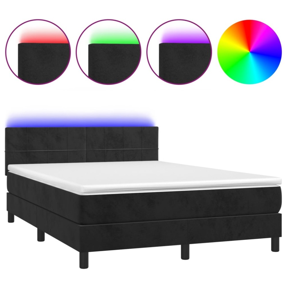 vidaXL Pat cu arcuri, saltea și LED, negru, 140x190 cm, catifea