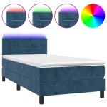 vidaXL Pat cu arcuri, saltea și LED, bleumarin, 90x200 cm, catifea