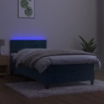 vidaXL Pat cu arcuri, saltea și LED, bleumarin, 90x200 cm, catifea