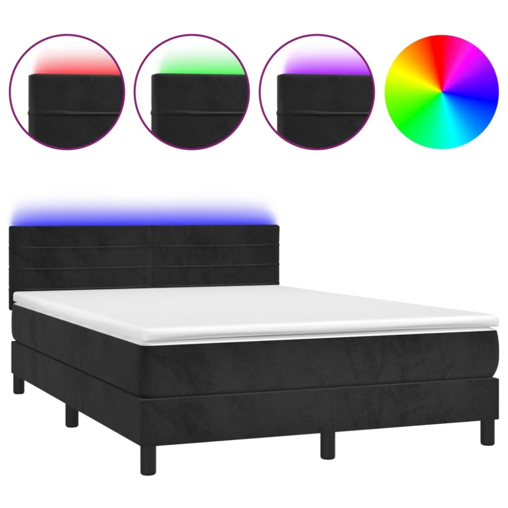 vidaXL Pat cu arcuri, saltea și LED, negru, 140x190 cm, catifea