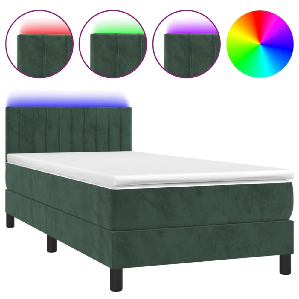 vidaXL Pat cu arcuri, saltea și LED, verde închis, 90x190 cm, catifea