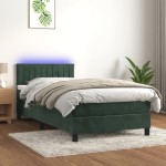 vidaXL Pat cu arcuri, saltea și LED, verde închis, 90x190 cm, catifea vidaXL Pat cu arcuri, saltea și LED, verde închis, 90x190 cm, catifea