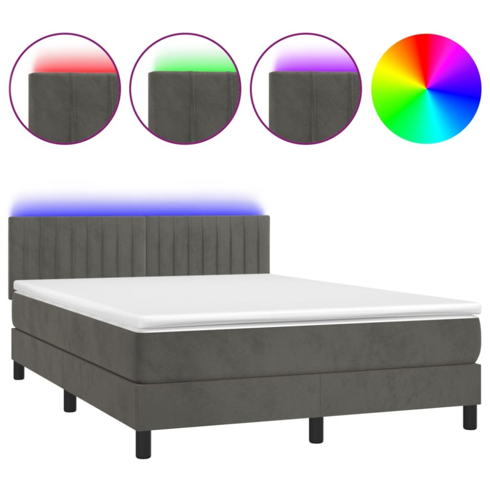 vidaXL Pat cu arcuri, saltea și LED, gri închis, 140x190 cm, catifea