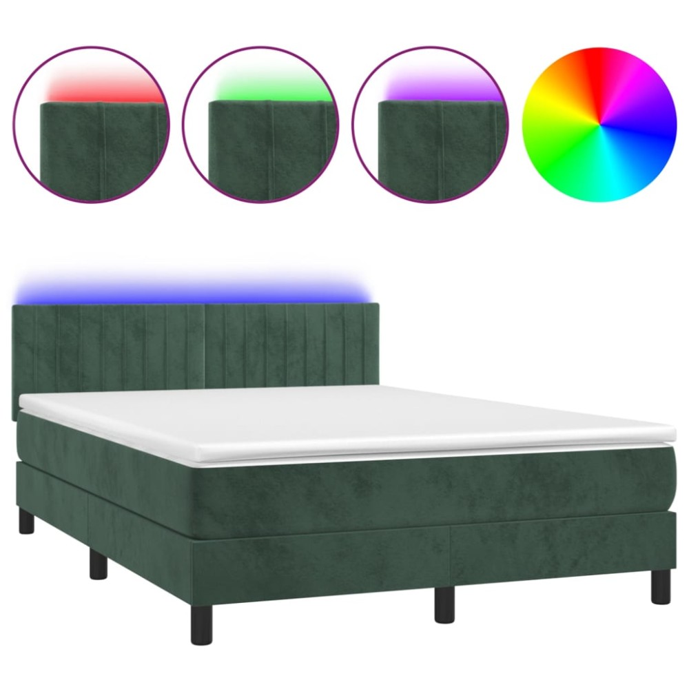 vidaXL Pat cu arcuri, saltea și LED, verde închis, 140x190 cm, catifea