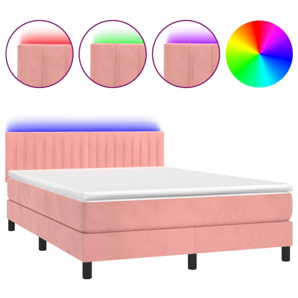 vidaXL Pat cu arcuri, cu saltea și LED, roz, 140x190 cm catifea