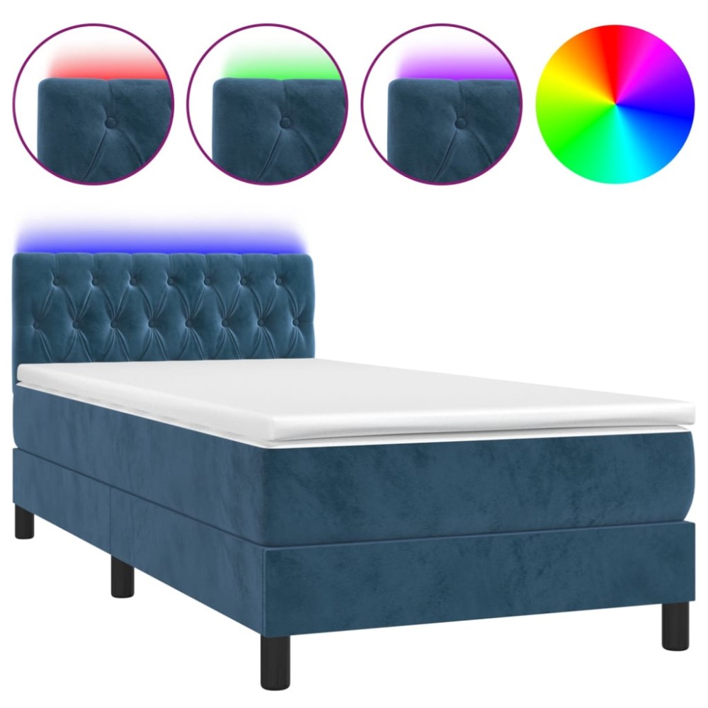 vidaXL Pat cu arcuri, saltea și LED, bleumarin, 90x190 cm, catifea