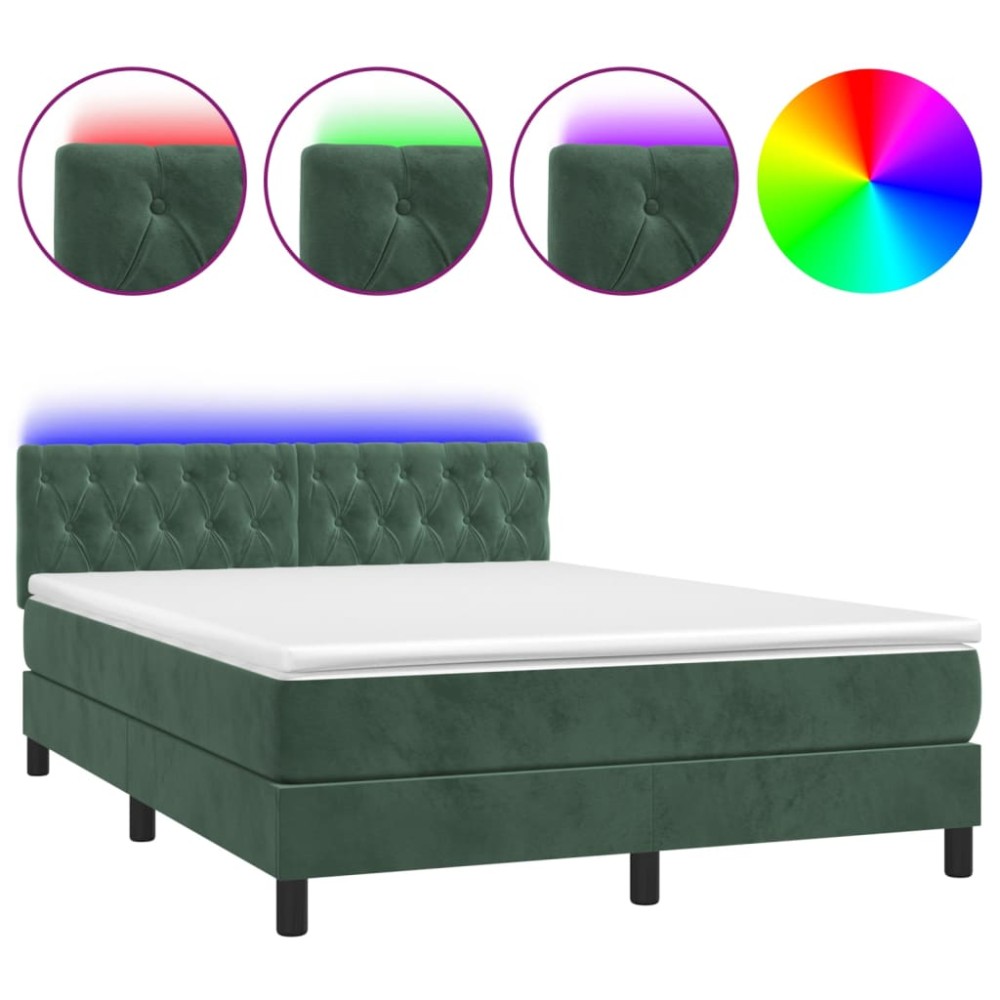vidaXL Pat cu arcuri, saltea și LED, verde închis, 140x190 cm, catifea