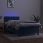 vidaXL Pat cu arcuri, saltea și LED, bleumarin, 90x190 cm, catifea